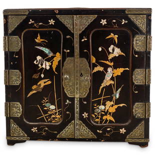 Fine Antique Japanese Meiji Lacquer & MOP Inlay Cabinet: DESCRIPTION: Fine antique Japanese Meiji period lacquered cabinet featuring triangular form, mother of pearl inlay, lingzhi form handle, auspicious symbols and bird, floral, butterfly and foliage moti