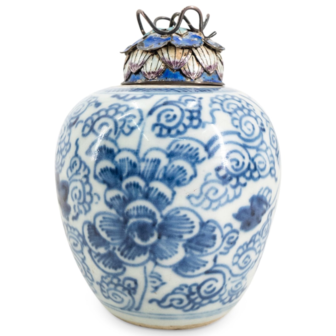 Fine 18th Cent. Chinese Porcelain Tea Jar W/ Silver Enamel Lid (1 of 5)