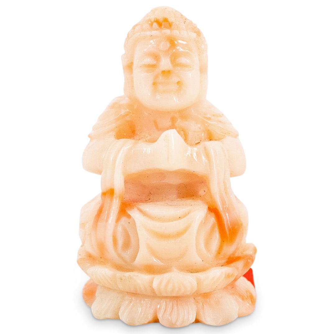 Fine Chinese Carved Salmon Skin Coral Buddha Pendant: DESCRIPTION: Fine Chinese carved salmon skin coral pendant depicting Gautama Buddha seated atop a double lotus throne. Total weight: 22 g. CIRCA: Early - Mid 20th Century ORIGIN: Chinese DIMENSIONS: H