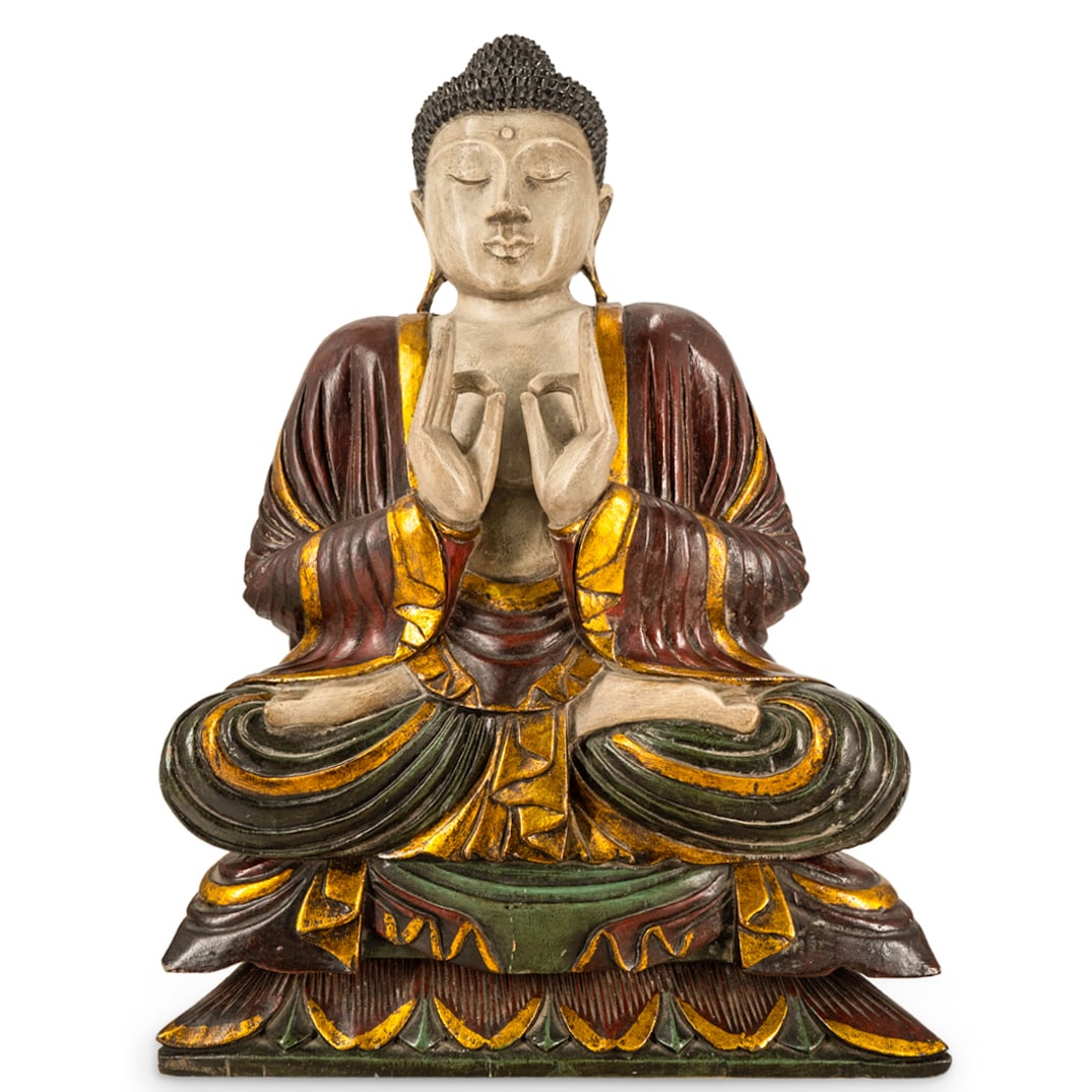 Antique Sino Tibetan Carved Wood Buddha: DESCRIPTION: Carved wood sculpture depicting Gautama Buddha donning CIRCA: 20th Century ORIGIN: China DIMENSIONS: H: 24" W: 8.5" L: 17" CONDITION: Minor wear/minor paint loss consistent with age and u