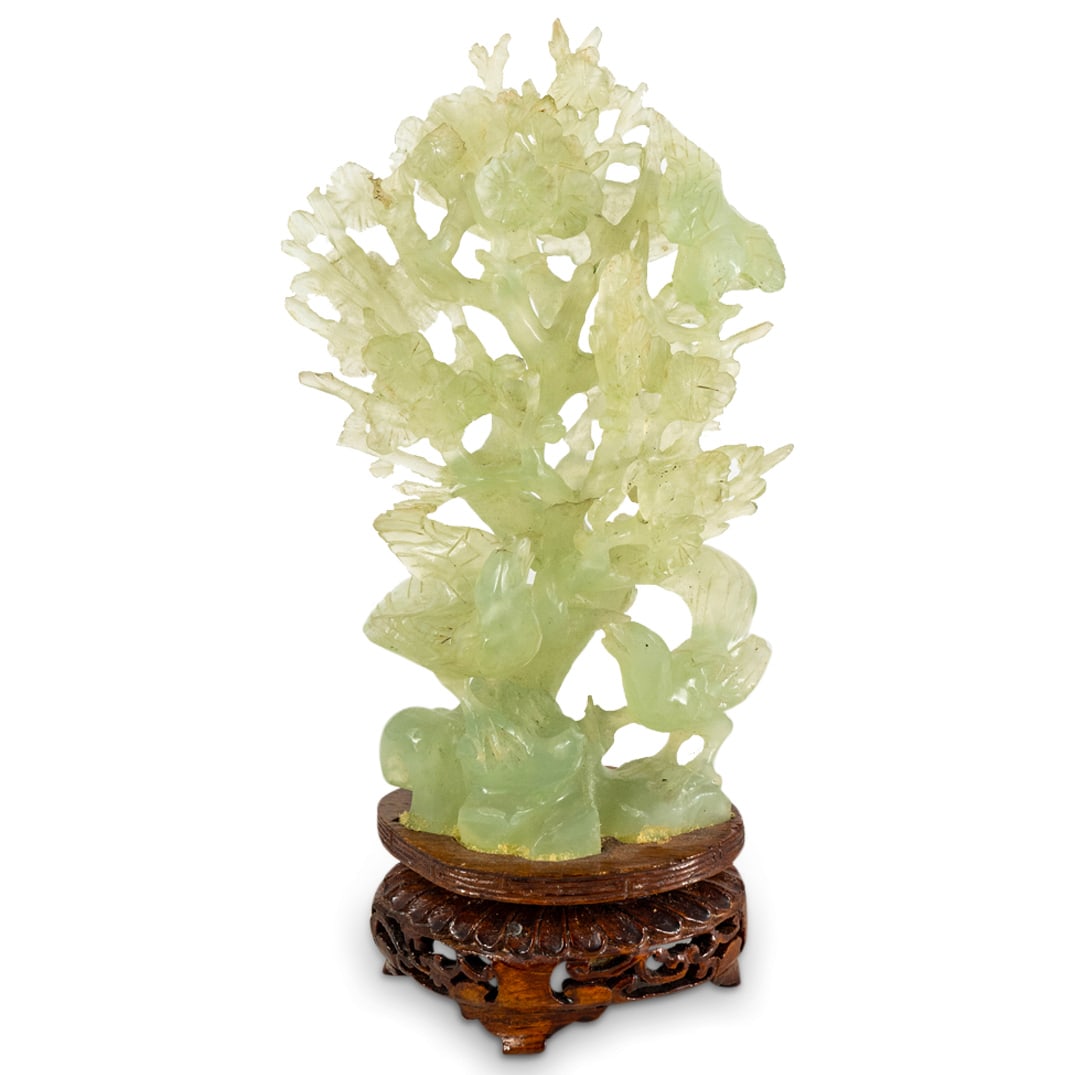 Vintage Chinese Green Jade Birds & Tree Carving Sculpture (1 of 4)