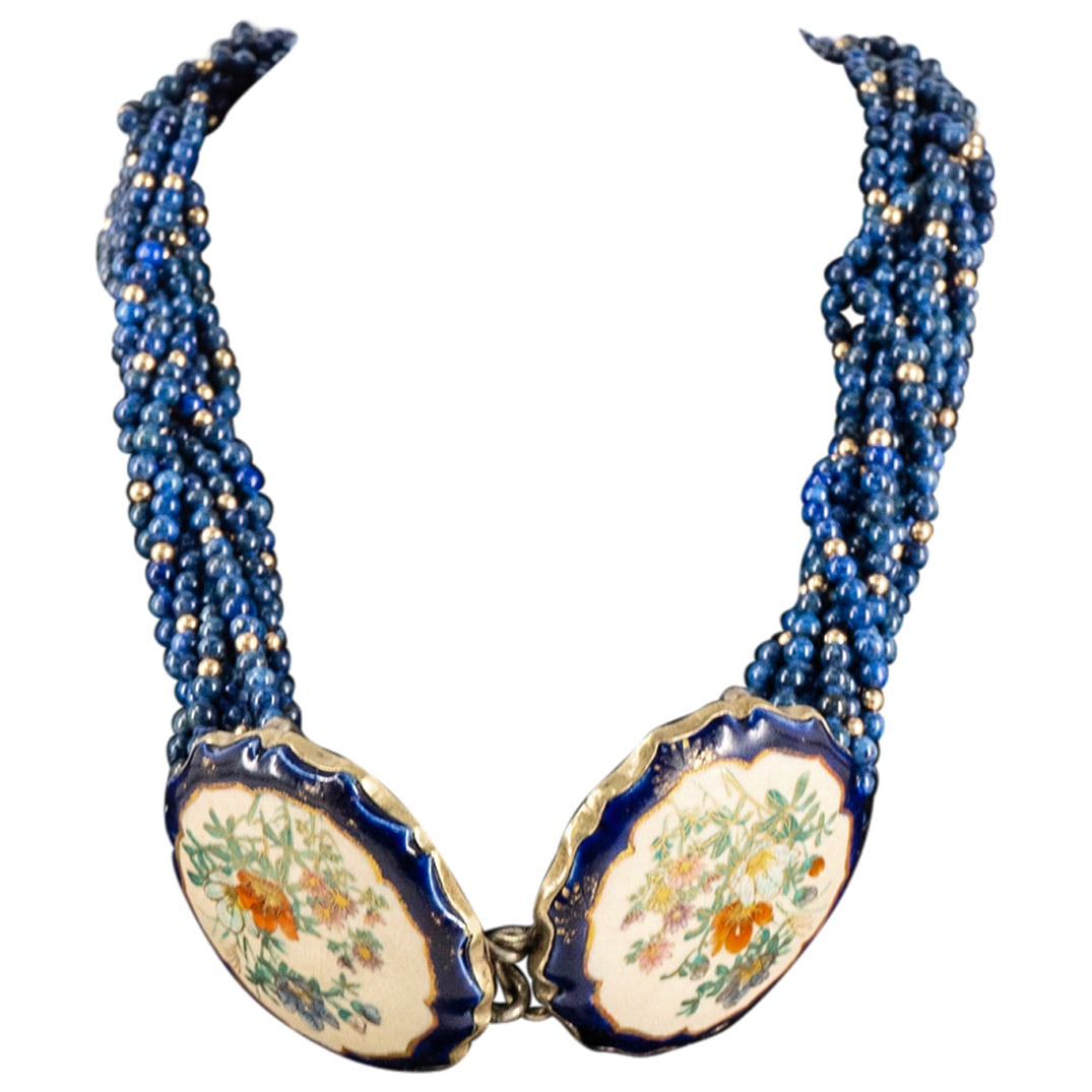 Japanese 19th Cent. Satsuma Meiji Period Satsuma Belt: DESCRIPTION: Japanese Satsuma 19th-century Meiji period Satsuma belt, featuring ten lapis lazuli beaded strings, and a frontal silver medallions closure with two painted Satsuma floral porcelain motif