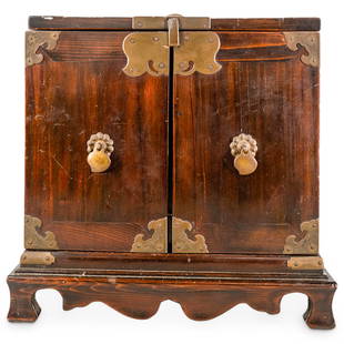 Antique Japanese Vanity Tansu W/ Mirror: DESCRIPTION: Carved wood vanity tansu ("chest of drawers") featuring a fold-out lid hiding an adjustable mirror and two doors at the front which fold out revealing two attached drawer compartments and