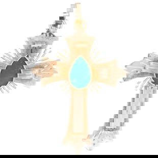 18k Gold and Colombian Emerald Cross Pendant: DESCRIPTION: An 18k yellow gold cross pendant centered by an oval cut Colombian Emerald, stamped "18k". Total Weight: 1.4 Grams (0.9 dwt) CIRCA: 21st Cent. ORIGIN: South America DIMENSIONS: H: 1.25" W
