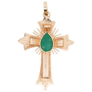 18k Gold and Colombian Emerald Cross Pendant: DESCRIPTION: An 18k yellow gold cross pendant centered by an oval cut Colombian Emerald, stamped "18k". Total Weight: 1.4 Grams (0.9 dwt) CIRCA: 21st Cent. ORIGIN: South America DIMENSIONS: H: 1.25" W