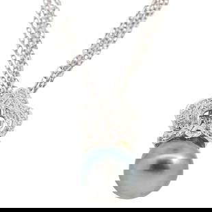 18k Gold Tahitian Pearl Pendant Necklace: DESCRIPTION: an 18k white gold pendant necklace comprised of a multi strand chain sustaining an ornate diamond encrusted pendant with a single Tahitian pearl. Stamped "18k" "Italy". Total Weight: 8.5