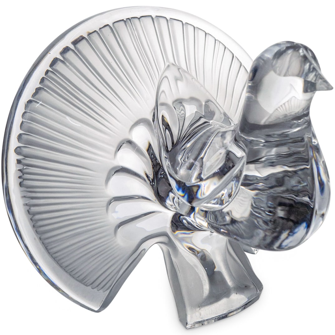 Daum Crystal Turkey Figurine: DESCRIPTION: Daum art crystal sculpture depicting a turkey and featuring frosted accents. Marked with "Daum France" at base. CIRCA: Late 20th - Early 21st Century ORIGIN: French DIMENSIONS: H: 7" W: 7