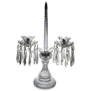 Waterford Crystal Candle Holder Table Candelabra: DESCRIPTION: Waterford Crystal Candle Holding Table Candelabra. Designed with two flanking arms and a central spike crystal motif. Includes original booklet. CIRCA: 20th Century ORIGIN: H: 19 1/2" W: