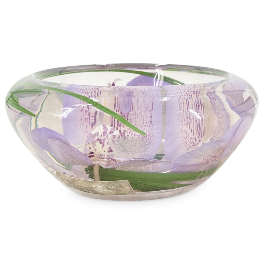 Emilio Robba Art Glass Resin Orchid Bowl: DESCRIPTION: Emilio Robba art glass Orchid themed centerpiece vase. This is a glass, fabric and resin illusion water flower bowl decorated with radiant phalaenopsis orchids and green grass motifs. Wit