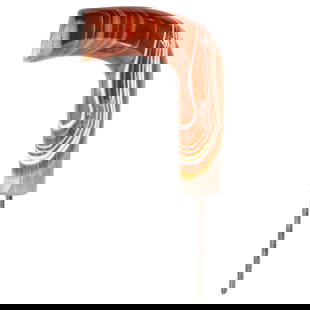 Agate Hook Grip Cane Handle: DESCRIPTION: Agate cane handle featuring eye-catching striations in multiple colors and shades. CIRCA: Late 19th to early 20th ORIGIN: Continental DIMENSIONS: H: 5.25" W: 0.75" L: 2.5" CONDITION: Flea