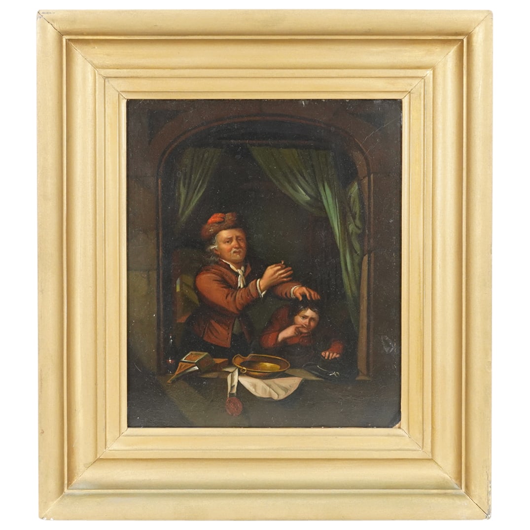 After Gerrit Dou "A Dental Operation" Oil On Metal: DESCRIPTION: Oil on metal painting after Gerrit Dou's "A Dental Operation" depicting a dentist exhibiting in his right hand a tooth extracted from a bleeding patient beneath his left hand. Mounted in 