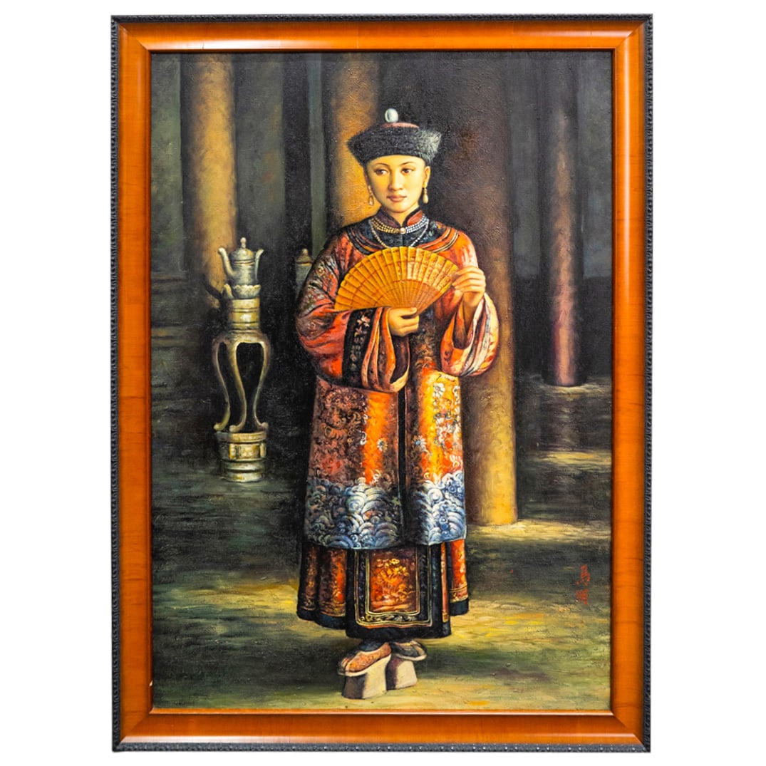 Manner of Jiang Guofang (Thailand) Oil on Canvas Painting: DESCRIPTION: Manner of Jiang Guofang (Thailand) Oil on canvas painting depicting the portrait of a women in regal robe with fan in hand, signed in red characters (lower right) mounted in frame. CIRCA: