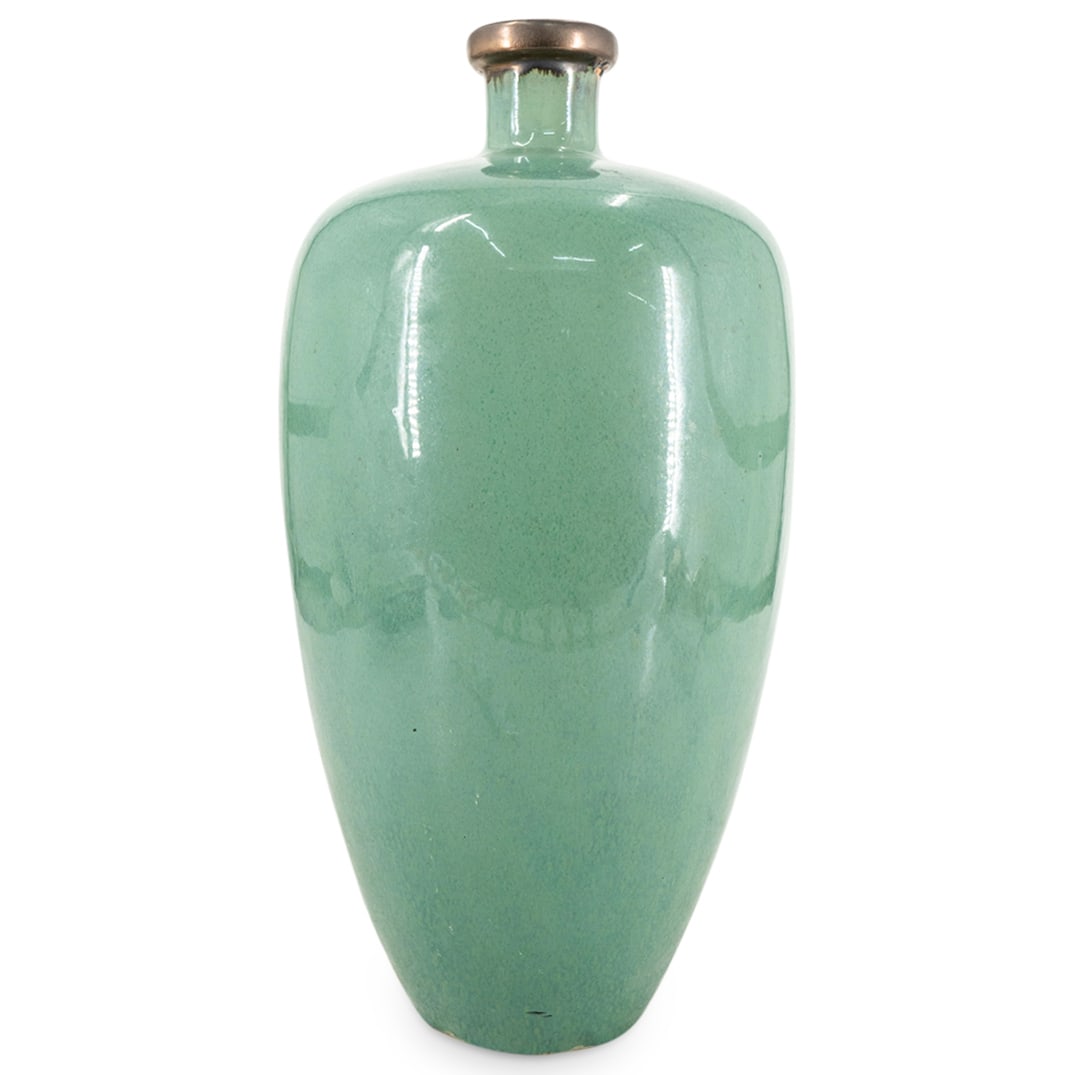 Antique Chinese Porcelain Celadon Glazed Vase W/ Metal Lip: DESCRIPTION: Antique porcelain vase featuring a celadon glaze and a metal cover over the lip. CIRCA: 20th Century ORIGIN: China DIMENSIONS: H: 17" D: 8.75" CONDITION: Great condition Unless otherwise