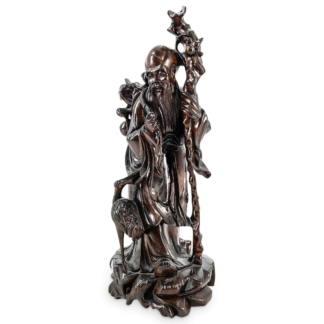 Antique Chinese Carved Wood Shou Figure: DESCRIPTION: Antique carved wood sculpture depicting Shou accompanied by a crane and bearing the Peaches of Immortality in his right hand and a staff hung with a gourd containing the elixir of life in