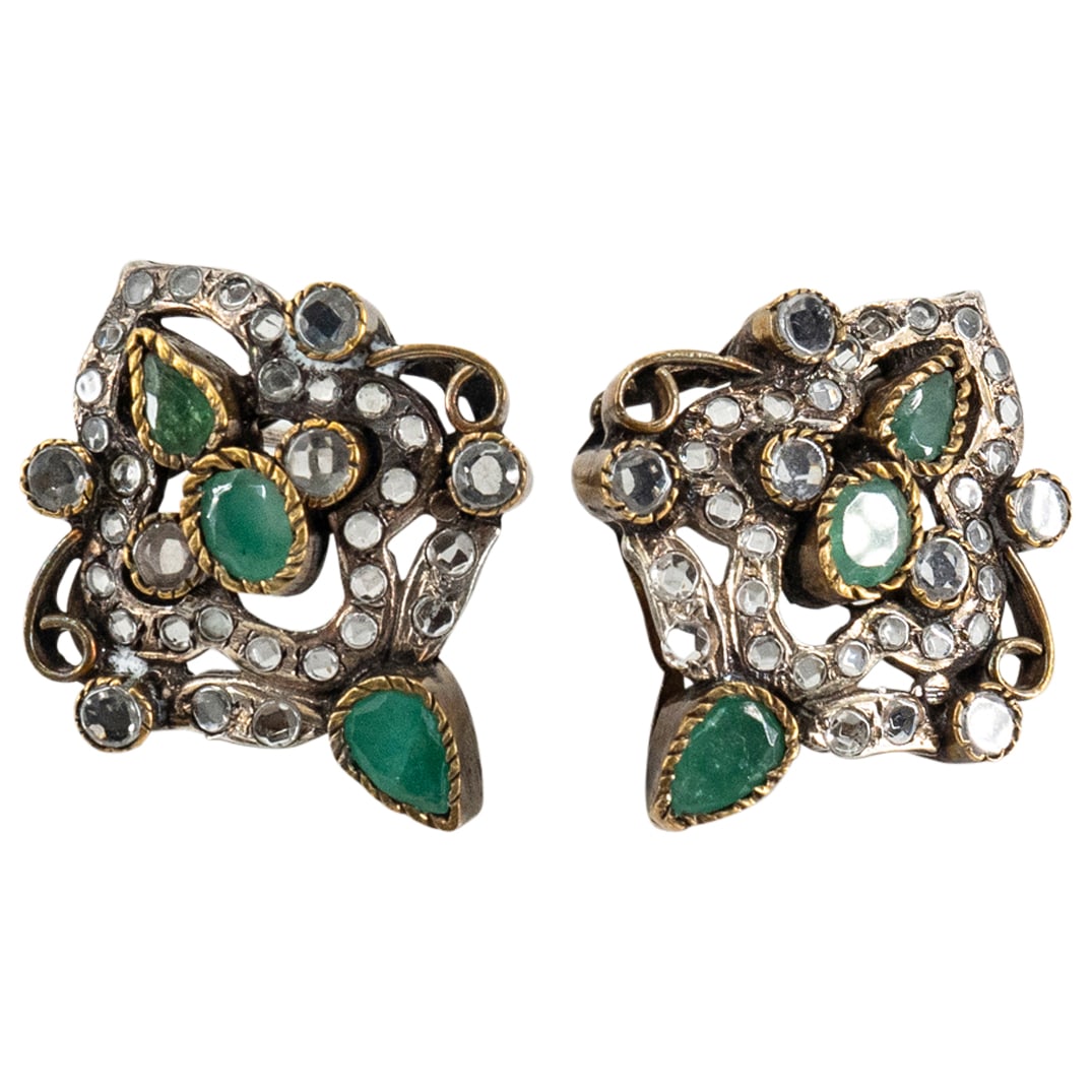 Pair European Sterling & Emerald Paste Earrings (1 of 4)