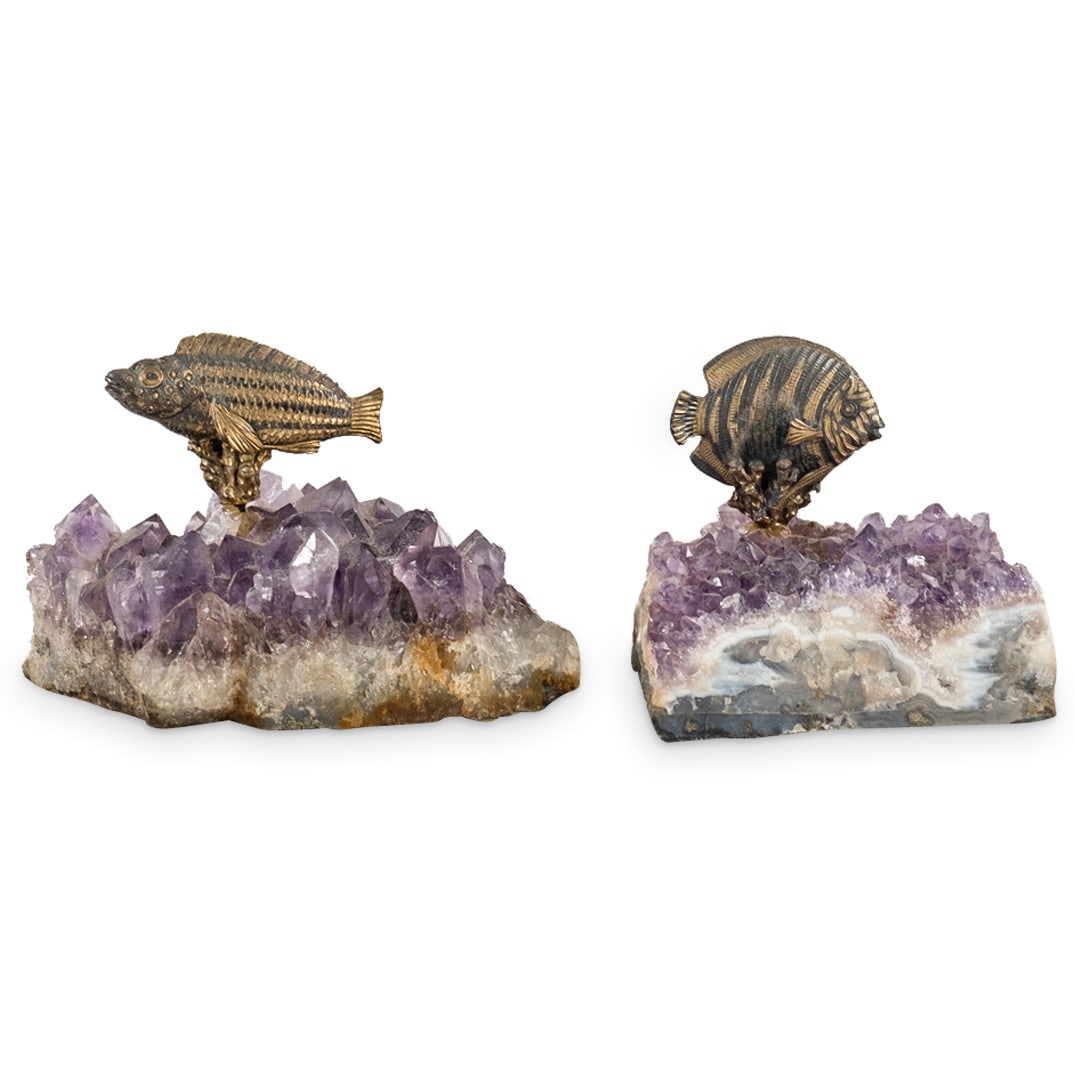 (2 Pc) 800 Silver Fish Sculptures On Amethyst Geode (1 of 5)