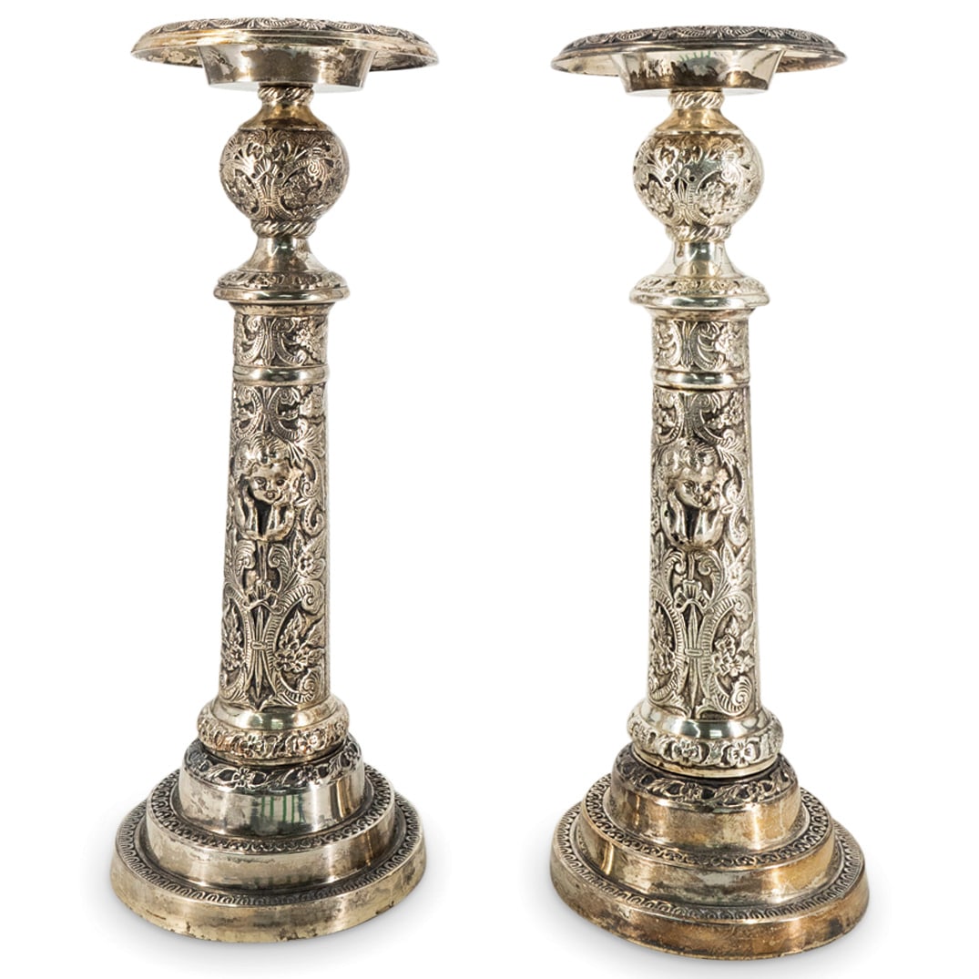 Pair Silver Toned Candlesticks (1 of 5)