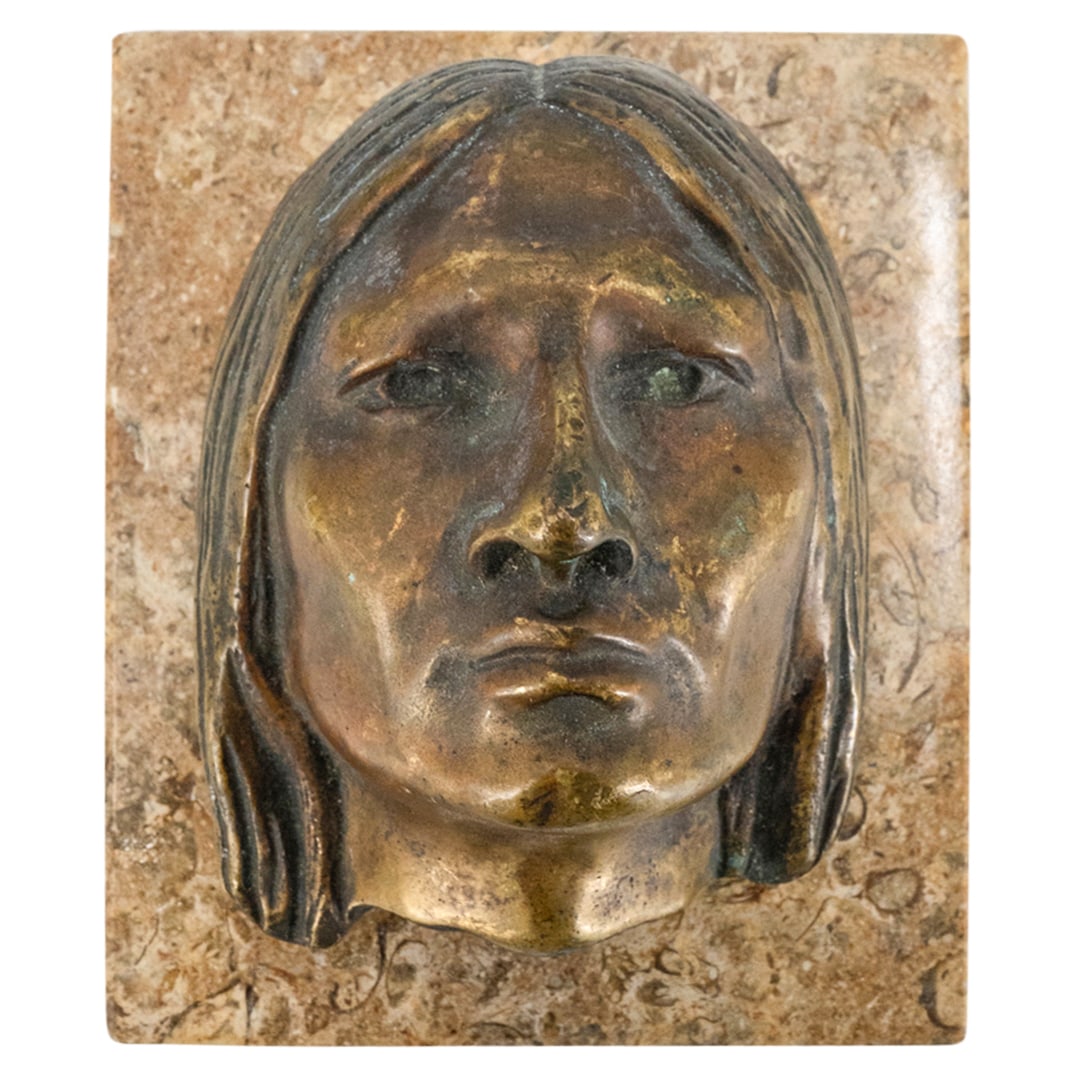 Carved Stone Covered Box With Bronze Indian Head Motif (1 of 4)