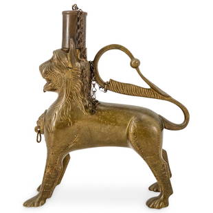 Antique German Erhard & Sohne Aquamanile Lion Form Cigar Lighter: DESCRIPTION: Antique German Erhard & Sohne cigar lighter in brass in the form of figurative aquamanile ewer vessel with a lion animal design. CIRCA: Late 19th-Early 20th Century ORIGIN: Germany DIMENS