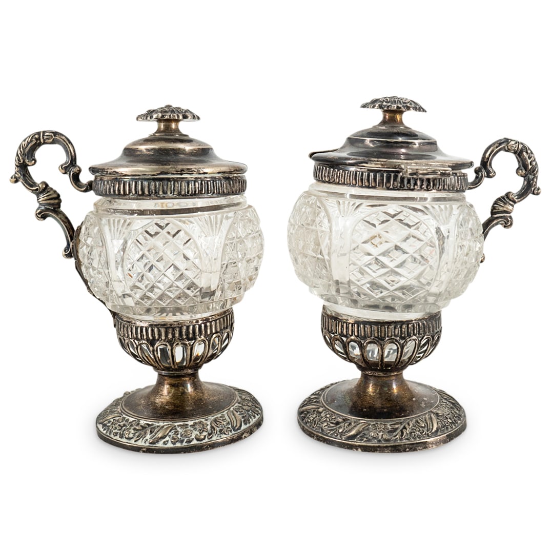 Pair Of Antique Austrian Sterling Silver And Crystal Salt Cellars (1 of 4)