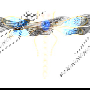 Fine Scandinavian Sterling Silver Plique A Jour Dragonfly Brooch: DESCRIPTION: Fine Scandinavian sterling silver plique-a-jour dragonfly-form brooch featuring enameled glass, glass eyes and eight pearls. Hallmarked with "S925" at underside. Total weight: 14 g. CIRCA