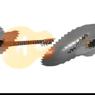 Vintage Acoustic Guitar W/ Schaller Pegs: DESCRIPTION: Vintage acoustic guitar fitted with gilt Schaller tuning pegs, mother-of-pearl fret markers, and a mother-of-pear accenting with inlaid sterling silver on the headstock and body. CIRCA: 2