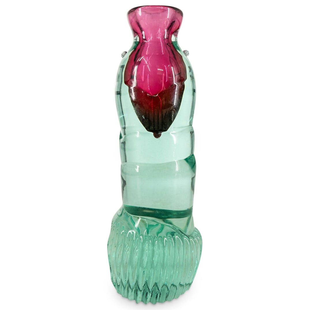 Signed Sommerso Hand Blown Art Glass Vase: DESCRIPTION: Signed Sommerso hand blown art glass vase, designed with a green translucent exterior and a deep magenta amphora shaped interior. Signed "Mensch 93" CIRCA: 1993 ORIGIN: Continental DIMENS