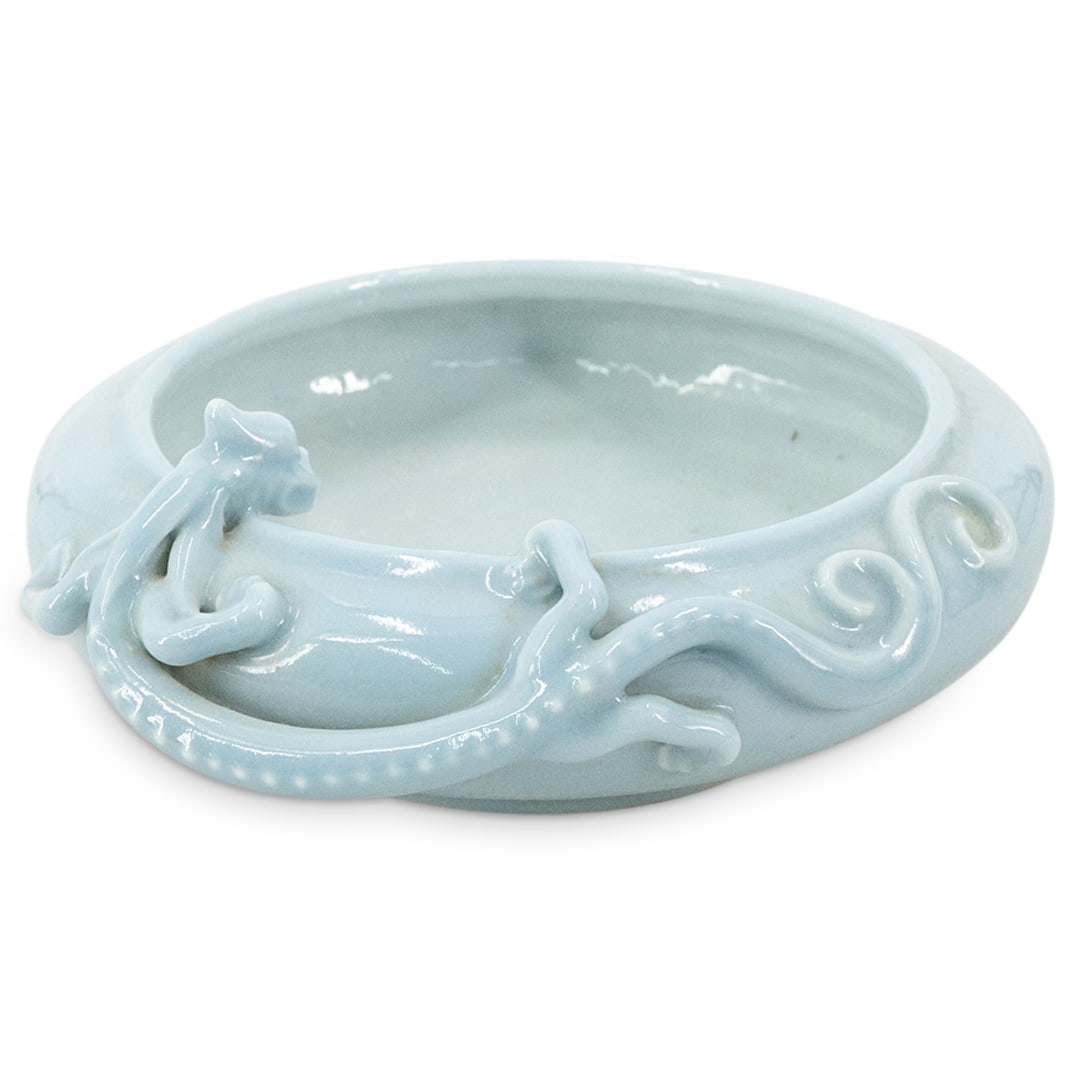 Antique Chinese Chilong Claire De Lune Bowl: DESCRIPTION: Antique Qing dynasty bowl coated in a claire de lune glaze and adorned with a chilong creeping around the side to peer into the well. Mark on underside claims Yongzheng origin. CIRCA: 19t