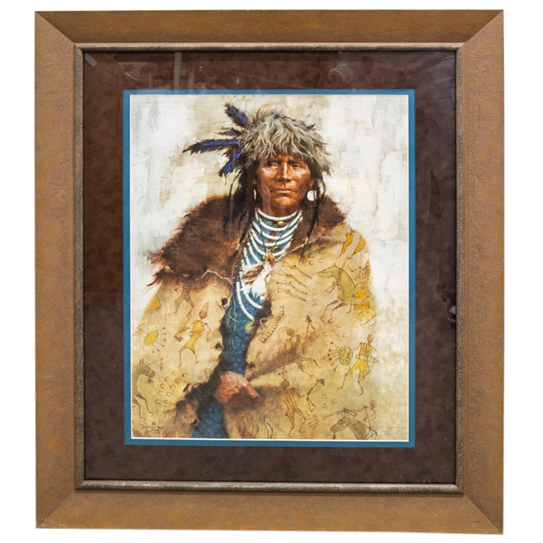 Howard Terpning (B. 1927) "Talking Robe" Pencil Signed Print: DESCRIPTION: Print of "Talking Robe" by Howard Terpning depicting a tribal American wearing a yellow robe decorated with horses and hunters. Signed at lower right and numbered 1166 of 1250; includes c