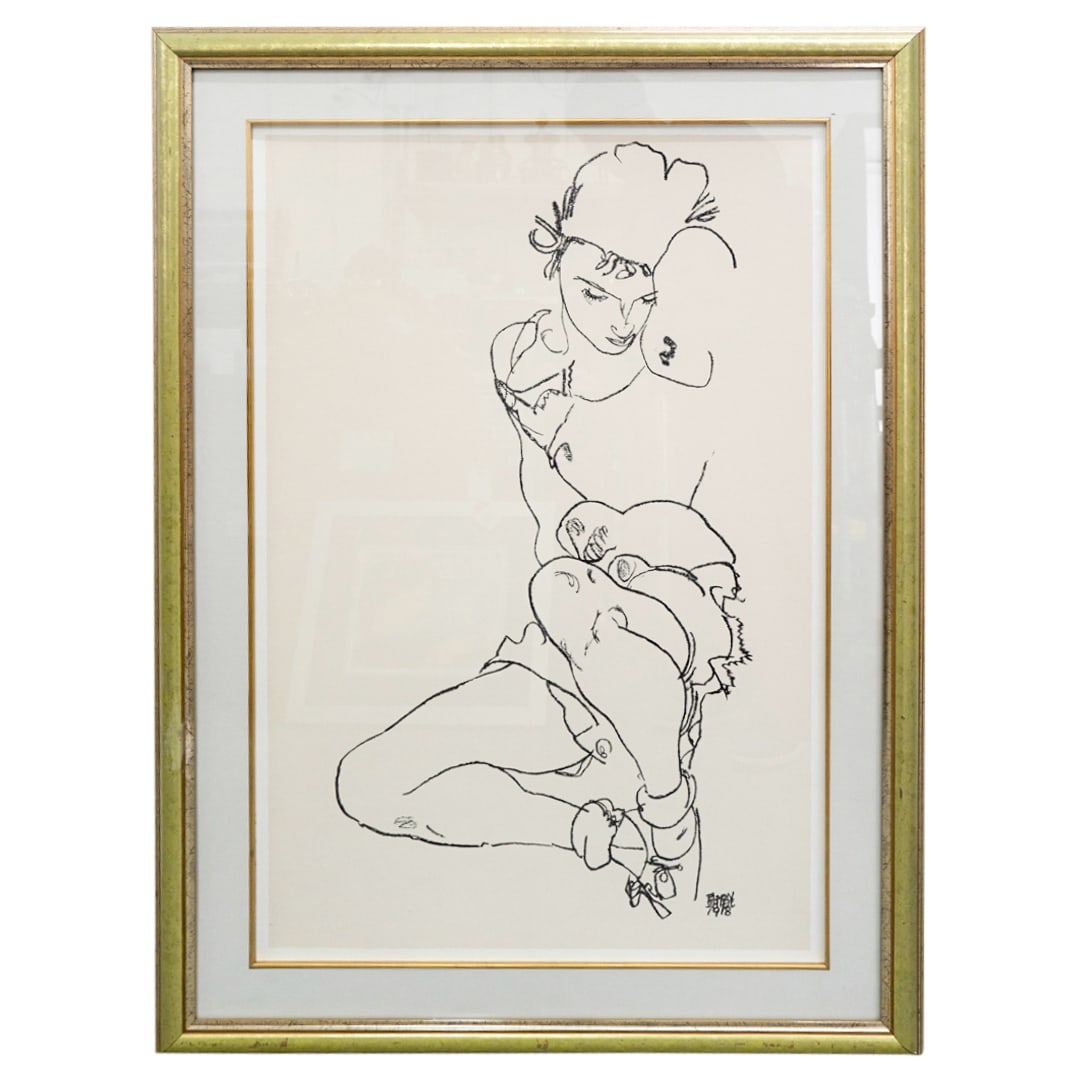 After Egon Schiele Offset Lithograph: DESCRIPTION: Offset lithograph after Egon Schiele depicting a young woman. CIRCA: 20th Century ORIGIN: Unknown DIMENSIONS: (Sight) H: 35.75" W: 23.5" (Frame) H: 44.5" W: 32" CONDITION: Great condition