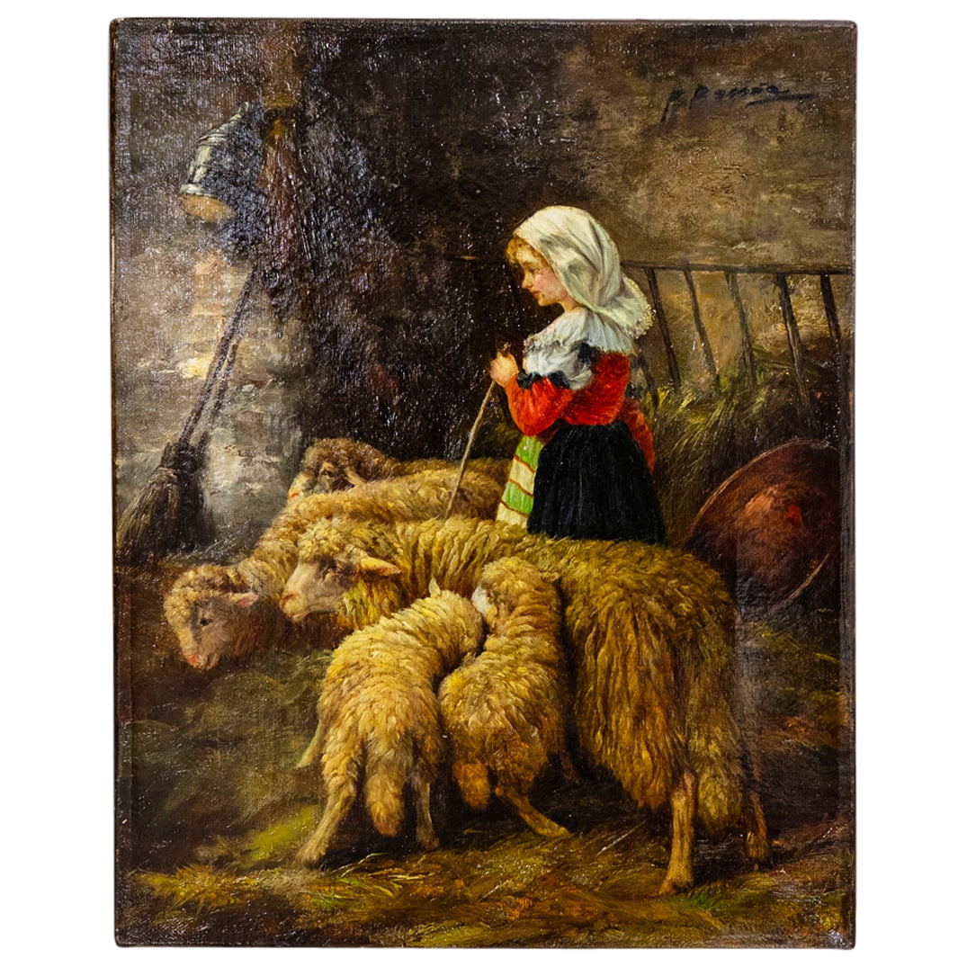 19th Century Signed English Shepherdess Oil On Canvas: DESCRIPTION: Oil on canvas painting depicting a shepherdess with her small flock in a barn. Signed illegibly at upper right. CIRCA: 19th Century ORIGIN: England DIMENSIONS: H: 12" W: 0.75" L: 9" CONDI
