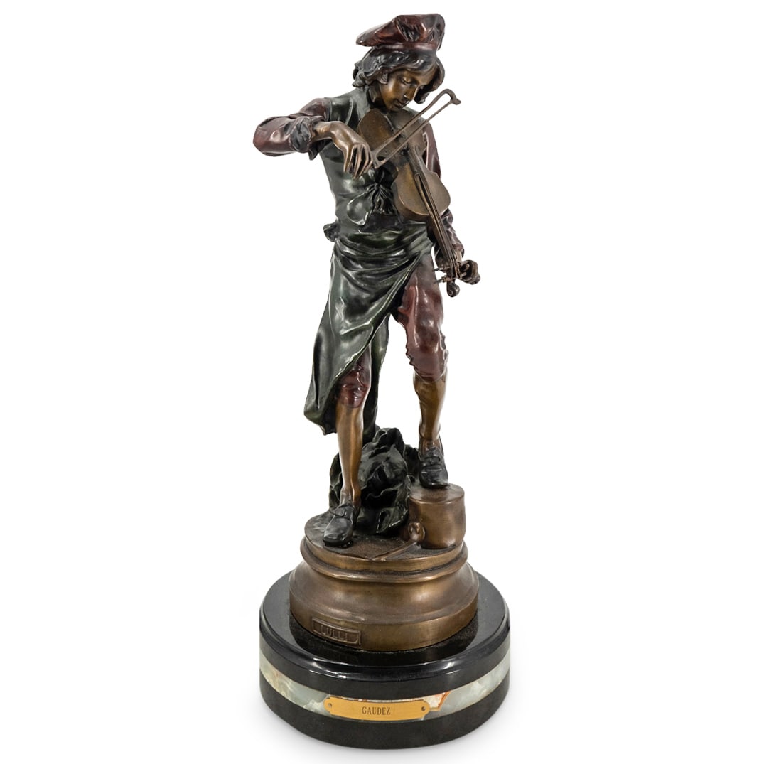 After Adrien Etienne Gaudez "Lulli Enfant" Mixed Metal Sculpture: DESCRIPTION: Mixed metal sculpture after Adrien Etienne Gaudez "Lulli Enfant" depicting a boy tuning a violin while standing before a large cabbage. Marked "LULLI" in raised letters, and mounted on a