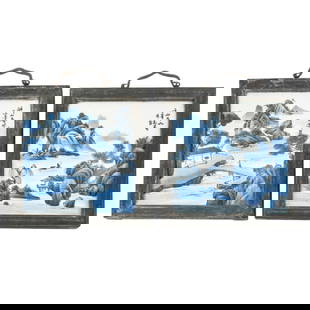 Pair Japanese Style Blue & White Porcelain Plaques: DESCRIPTION: Pair of Japanese-style blue & white porcelain plaque, each depicting a landscape. CIRCA: Late 20th - Early 21st Century ORIGIN: East Asian DIMENSIONS: (Sight) H: 8.75" W: 7.5" (Frame) H: