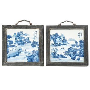 Pair Japanese Style Blue & White Porcelain Plaques: DESCRIPTION: Pair of Japanese-style blue & white porcelain plaque, each depicting a landscape. CIRCA: Late 20th - Early 21st Century ORIGIN: East Asian DIMENSIONS: (Sight) H: 8.75" W: 7.5" (Frame) H: