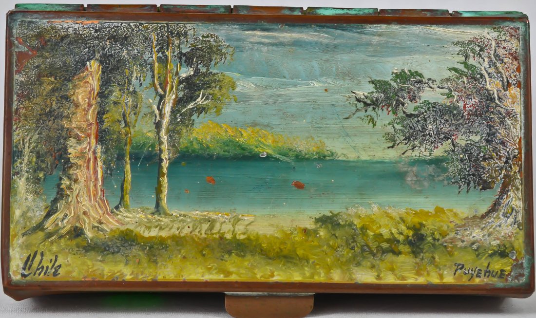 Antique copper box hand painted on top: DESCRIPTION: Antique copper box hand painted on top. Signed Chile Puyehue. Hallmarked underneath Gaul Chile CIRCA: 1880-1920s MADE IN: Chile DIMENSIONS: H:H:1.5" W:3.5" L:6.5"