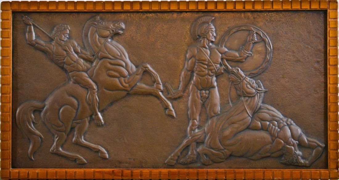 Antique copper plaque with warriors. Signed: DESCRIPTION: Raised solid copper plaque with mythological warriors in battle. Beautiful bronze patina. Wooden frame. Signed A. Gilles (Albert Gilles) CIRCA: 1940's-1960's MADE IN: France DIMENSIONS: H