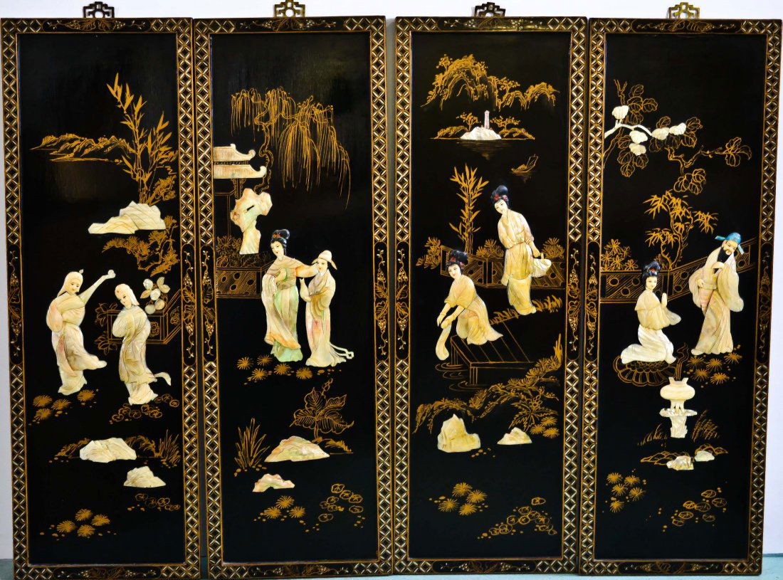 Four Chinese abalone shell wall hanging plaques: DESCRIPTION: A set of four Chinese wall hanging plaques. Raised abalone shell figures with gold leaf trim design. Gorgeous detail CIRCA: 1890's-1930's MADE IN: China DIMENSIONS: H: 36" L: 12"