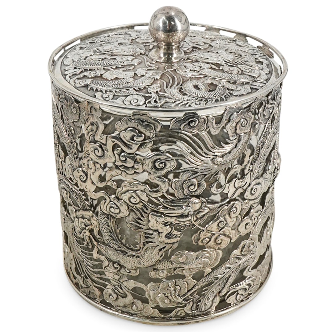 Antique Chinese Export "Luen Wo" Sterling Silver and Glass Lidded Jar (1 of 6)
