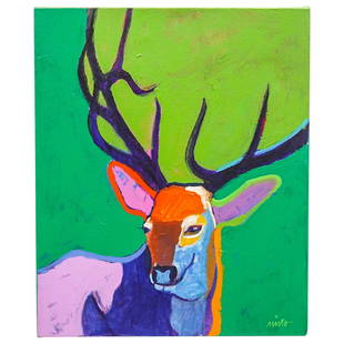 John Nieto (1936-2018) "Elk" Acrylic on Canvas Painting: DESCRIPTION: John Nieto (1936-2018) acrylic on canvas painting titled "Elk" featuring the up-close portrait of an elk. Signed (lower right) "Nieto"; verso signed, dated, and titled. CIRCA: 1994 ORIGIN