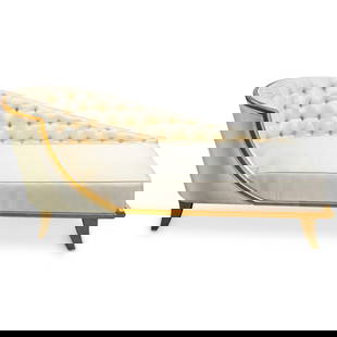 Andre Arbus (1903-1969) French Champagne Satin Gold Lacquer Chaise: DESCRIPTION: Andre Arbus French mid-century chaise with Sycamore wood foundation and beige colored satin upholstery designed with tufted backrest and gold lacquered finish. (p. 90 "ANDRE ARBUS" by Yvo