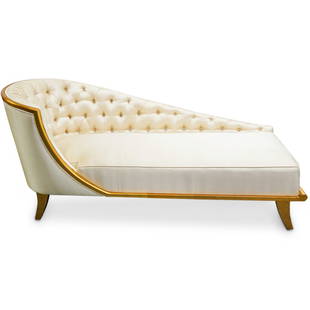 Andre Arbus (1903-1969) French Champagne Satin Gold Lacquer Chaise: DESCRIPTION: Andre Arbus French mid-century chaise with Sycamore wood foundation and beige colored satin upholstery designed with tufted backrest and gold lacquered finish. (p. 90 "ANDRE ARBUS" by Yvo