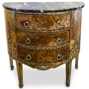 Max Kuehne Marble Top Demilune Dresser: DESCRIPTION: Dresser by German artist and furniture designer Max Kuehne (1880-1968) carved from wood and crowned with an eye-catching black marble top. Front and drawers are decorated with ornately cr