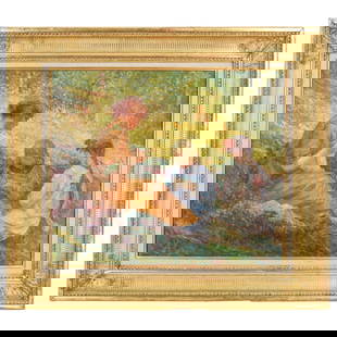 Georges D'Espagnat (French, 1870-1950) Oil On Canvas: DESCRIPTION: An Impressionist oil on canvas painting by artist Georges D'espagnat depicting a group of young woman in a garden setting. Initialed. Mounted in a giltwood Frame. CIRCA: Early 20th Cent.