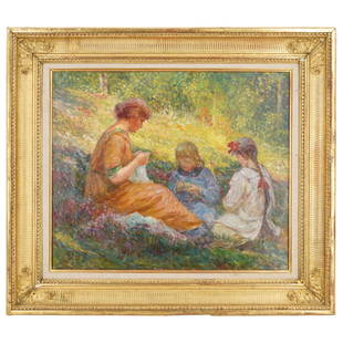 Georges D'Espagnat (French, 1870-1950) Oil On Canvas: DESCRIPTION: An Impressionist oil on canvas painting by artist Georges D'espagnat depicting a group of young woman in a garden setting. Initialed. Mounted in a giltwood Frame. CIRCA: Early 20th