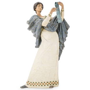 Large Lladro "Lectora" Porcelain Figure: DESCRIPTION: Large Lladro polychrome porcelain figure entitled "Lectora" depicting a woman in neoclassical garb reading a scroll (made from real paper). Marked with "Lladro Made in Spain" on