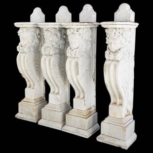 (4 Pc) Palace Size 19th C. "Four Seasons" Italian Carrara Marble Season Pedestals: DESCRIPTION: Four palace sized pedestals carved from carrara marble to represent the four seasons with a face beneath the pedestal proper: Spring ringed in roses, summer with dionysian grapevines,