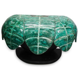 Hollywood Regency Sculptural Tessellated Jade Bar Console: DESCRIPTION: Hollywood Regency bar console table composed of a lacquered wood foundation with tessellated jade and brass inlays, completed with a palm tree leaf form. Center flip-up door, reveals