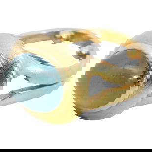 Mid Century 18k Gold and Aquamarine Ring: DESCRIPTION: A mid century 18k yellow gold ring features a split double band form, centered by a 3ct aquamarine cabochon. Incised along the inner band "MCD" "18k". Total weight: 13.2 grams (8.5 dwt) C