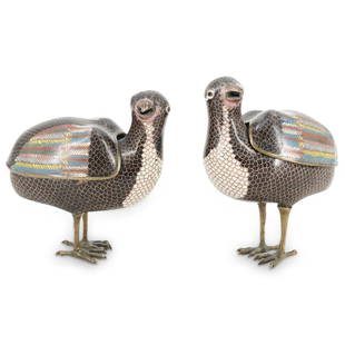 Pair Of Antique Chinese Cloisonne Bird Censers: DESCRIPTION: Two antique cloisonne bird censers, each featuring a cover on its back decorated with polychrome wing feathers. Each bird has an open beak, a black body, and white accents on its breast,