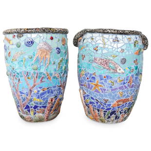 Pair Of Monumental Carlos Alves Mosaic Aquarium Terra Cotta Planters: DESCRIPTION: Two matching terra cotta planters by Carlos Alves, each decorated on its exterior with a mosaic depicting various sea creatures including fish, coral, and jellyfish dwelling near the ocea